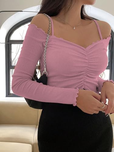 Image of Sugathari Women's Purple Solid Colour Open Cold Off Shoulder Long Sleeve Lettuce Hem Casual Autumn Trim Tight- Slim Fitting Ruched Front Ladies' Camisole Top, Tee, T-Shirt (T-Shirt 184)
