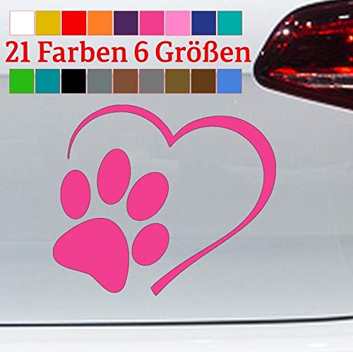 generisch Herz mit Pfote Aufkleber Hund Katze Tatze Labrador Retriever Terrier Mops Pudel in 6 Größen und 21 Farben