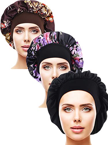 3 Pieces Satin Sleep Cap Elastic Wide Band Hat Night Sleeping Head Cover