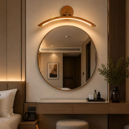 Image of Glowave Modern Curved Wooden Finish LED Mirror Light for Bedroom & Bathroom - Tricolour (Warm White, White, Natural White) (876-WD)