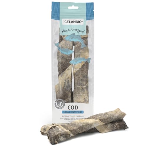 Icelandic+ Long Chew Sticks: Cod Skin - 2Piece 10" Hand Wrapped Dog Treats, 3.2oz, Wild- Caught, Air-Dried Single Ingredient Pet Snacks, Just The Fish