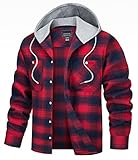 TACVASEN Men's Plaid Hooded Shirts Buffalo Plaid Shirts Long Sleeve Lightweight Hoodie Jacket Red L