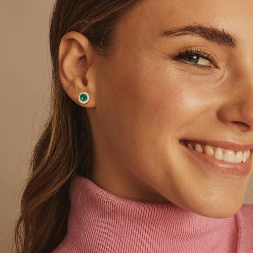 Hayoso Cubic Zirconia Stud Earrings for Women Men Sterling Silver Earring Post Hypoallergenic 14k Gold Plated Round&Square Earrings Gold&Green by Hayoso - Image 2