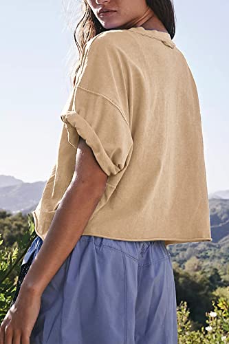Image of HUGOOME Womens Oversized Workout Crop Top Casual Short Sleeve Boxy Roll Hem