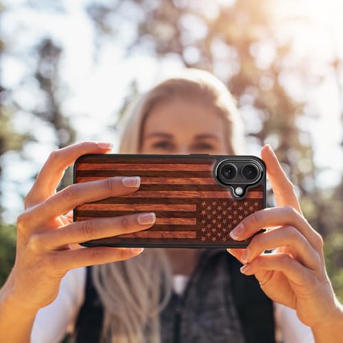 Image of Carveit Wood Case for iPhone 16 Plus, The Classic American Flag, Rosy | Magnetic iPhone 16 Plus Case Compatible with MagSafe Wireless Chargers, Engraved Wood with Soft TPU Shockproof Bumper