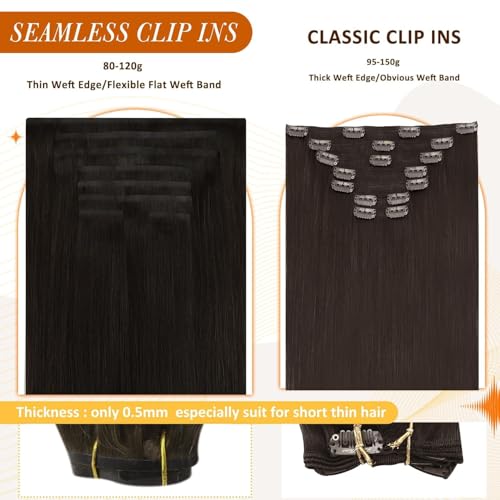 Image of Full Shine Seamless Clip in Hair Extensions Human Hair Brown Remy Hair Extensions Clip in Darkest Brown Straight Natural Hair Extension for Women 12 Inch 8 Pcs 95g