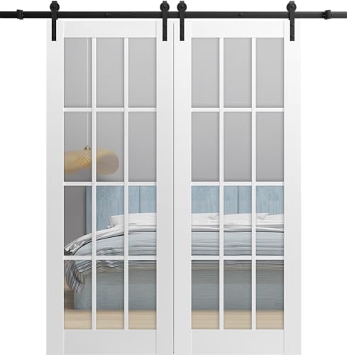 SARTODOORS Sturdy Double Barn Door 84 x 84 inches with Clear Glass 12 Lites | Felicia 3355 Matte White | Top Mount 14FT Rail Hangers Heavy Set | Solid Panel Interior Doors