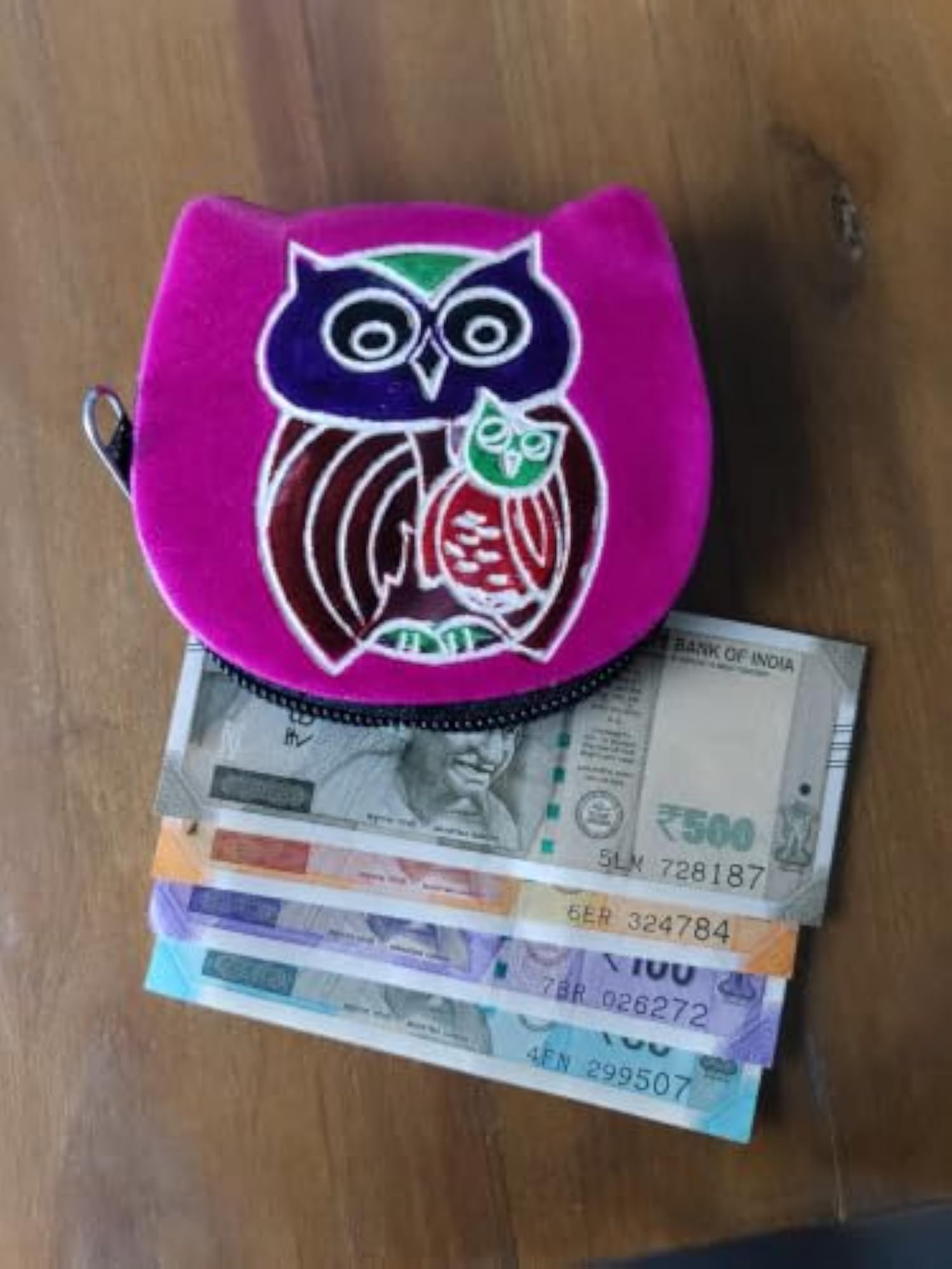 Owl Shaped Leather Coin Purse, Purple with Hand-Painted Design