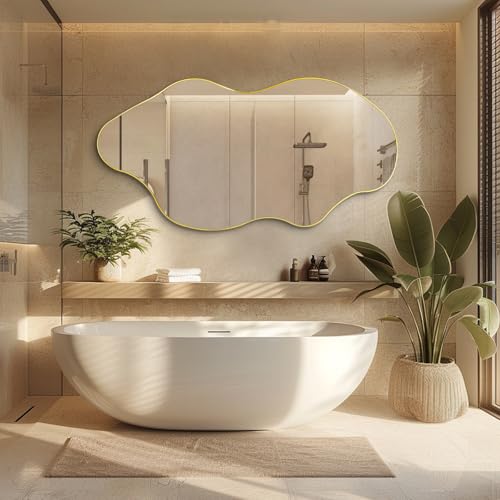 DAOYIJIAJU Large Irregular Mirror, 59"x30" Gold Asymmetrical Frameless Mirror Full