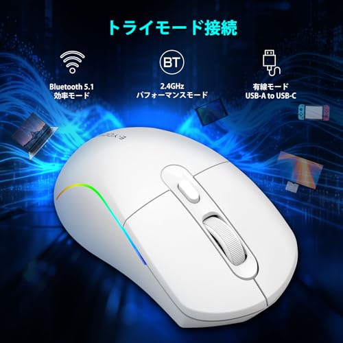 e元素ワイヤレスゲーミングマウス 10000DPI トリプルモード(2.4GHz/BT5.1/USB-C有線) RGBバックライト 6つのプログラマブルボタン 人間工学充電式 PC/Mac/PS/Xbox対応 ホワイト