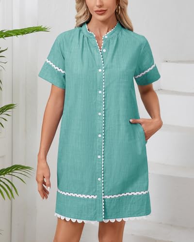 Image of Women's Summer Shirt Dress Short Sleeve Button Down Mini Tie Waist Belted Tunic with Pockets RIC Rac Trim