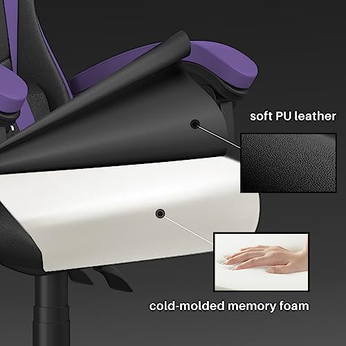 Image of Bigzzia Gaming Office Chair - Leather Ergonomic Video Game Seat With Lumbar Cushion, Headrest & Fixed Armrest for Adult Teen (Purple)