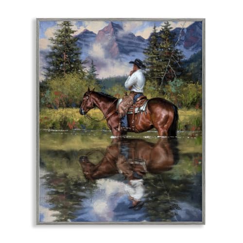 Cowboy River Forest Scouting Scene, 24 x 30 Inch Framed Giclée Print