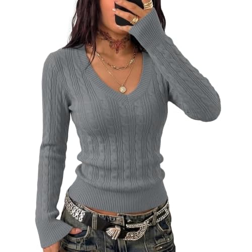 Rapbin Sweaters for Women Cable Knit Long Sleeve V Neck Slim Fit Pullover