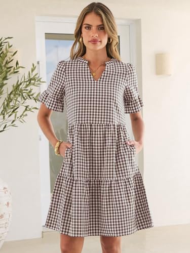Image of Caracilia Dresses for Women Summer 2026 Striped V Neck Ruffle Sleeve A Line Tiered Flowy Casual Mini Beach Dress with Pockets