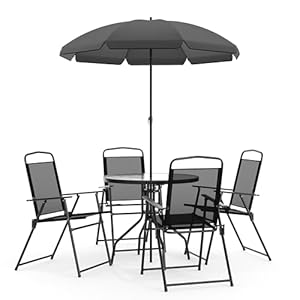 Flash Furniture Nantucket 6-Piece Patio Dining Set with Glass Table, 4 Folding Chairs, and Umbrella, Outdoor Patio Set, Black
