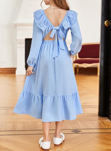 blibean Tween Girls Tie Back Dresses Embroidery Sleeve Size 6-15 Years2