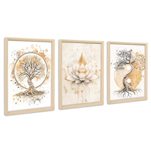 3Pcs Marco de Madera Cuadro Moderno Árbol de la Vida Yin Yang Cuadro Decoracion Salon Budismo Zen Flor de Loto Beige Árbol Pintura Cuadros Decorativos Salon Dormitorio Baño 30cmx40cmx3 (Sin Plexiglás)