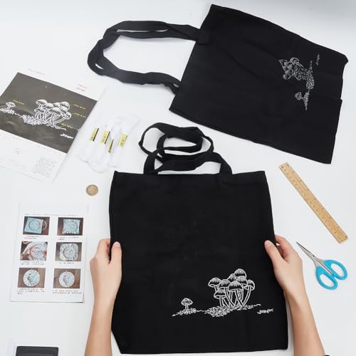 Image of FREEBLOSS Sashiko Mushroom Canvas Bag Sashiko Kit with Full Sashiko Supplies Embroidery Kit with Instructions Sashiko Thread and Needles Hand Sewing Kit for Adults Beginners, Navy Blue