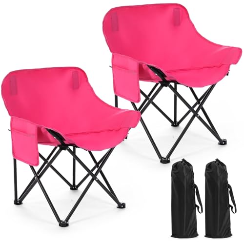 Seeloowy 2 Pack Compact Camping Chairs Portable Folding for Outside with Carry Bag Lightweight Moon Chairs for Travel Picnic Hiking Beach Fishing 600D Oxford Supports 330lbs(Pink)