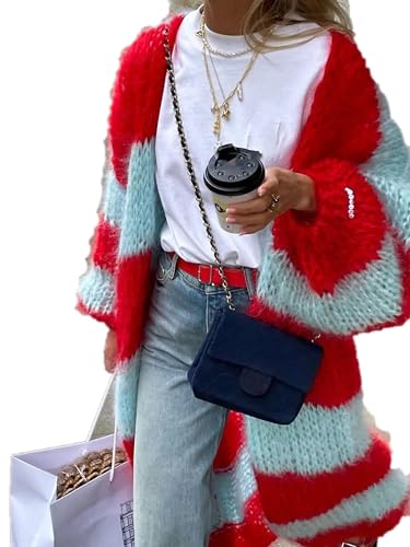 Women Contrast Color Stripe Fuzzy Chunky Knit Long Open Front Cardigan Sweater Loose Slouchy Lantern Sleeve Warm