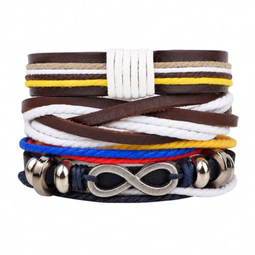 Image of Young & Forever Multi-Layer Leather Bracelet for Men | Adjustable Handmade Wrap Bracelet with Beads, Anchor, Evil Eye, Feather & Boho Charms | Vintage Punk Casual Wristband Gift for Men & Boys