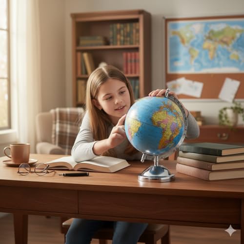 Image of Political World Globe with Chrome Metal Stand | Rotating Educational Geography Globe | Desktop Globes for Kids, Students, Teachers, Schools, Office Desk & Home Decor (6 Inch Dia)