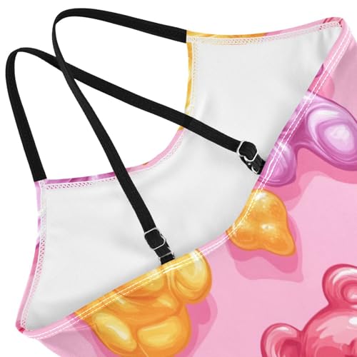 Pigsaly Girls One Piece Swimsuits Colorful Lollipops Gummy Jelly Candy Bears Kids Cross Back Swimwear Sport Bathing Suit 3T4