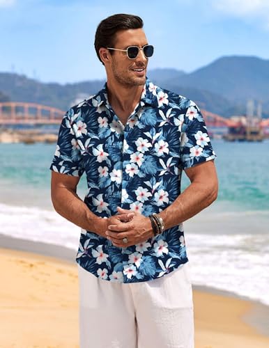 Image of COOFANDY Men's Linen Shirts Short Sleeve Casual Shirts Button Down Shirt for Men Beach Summer Wedding Shirt