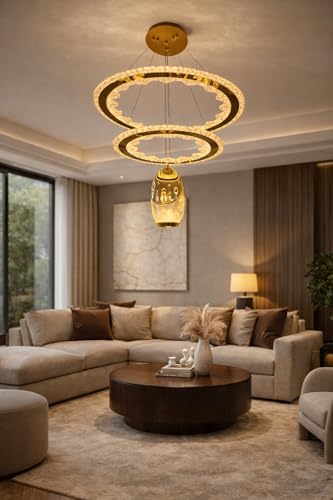 Image of Modern Stylish LED Ring Gold Finish with 3 Different Color Mode (Warm White, Cool White, Neutral White) Changing Chandelier with Height Adjustable Hanging for Bedroom, Living, Dining,