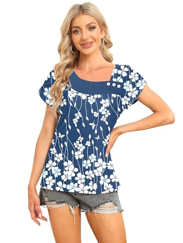 Image of Womens Petal Sleeve Tops Summer Trendy T Shirt Casual Loose Square Neck Button Blouse Tees