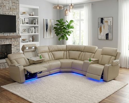 Ocstta Power Recliner Sectional Sofa with LED, Breathing Leather Reclining Sectional Couch, 6 Seat L Shaped Recliner Couch with Cup Holders/Storage/Reading Light (Beige)