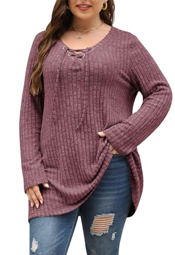 Image of Nemidor Women Plus Size Casual Tunic Top Drawstring V Neck Long Sleeve