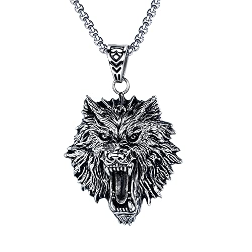 FUTIMELY Men's Stainless Steel Viking Wolf Necklace - Vintage Gothic Tribal Pendant - Punk Style Domineering Fierce Amulet Wolf Head Jewelry