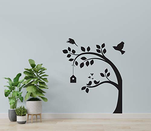 Crown Decals Beautiful Birds Leave The his Family in Beautiful Black Tree with cage self Adhesive Decals Decorative Wall Sticker (PVC Vinyl Black Declas) Size 62 x74 cm