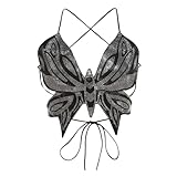 JUMISEE Women Sparkly Rhinestone Butterfly Crop Top Sexy Bakless V Neck Lace Up Cami Tank Top for Rave Festival