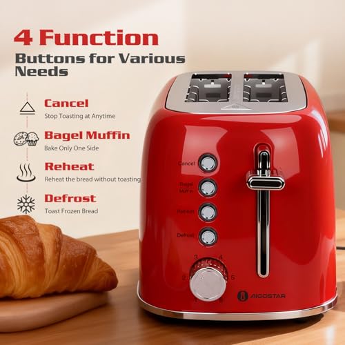 Image of Aigostar Toaster 2 Slice, Retro Extra-Wide Slot, Red