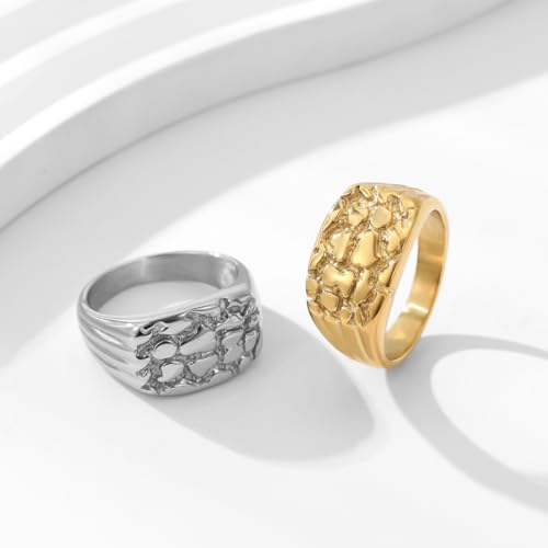 Gold Plated Nugget Ring for Men & Women – Stainless Steel Chunky Hip Hop Rings - Hypoallergenic Unisex Jewelry – US Size 5-13 – Gift Box Included3