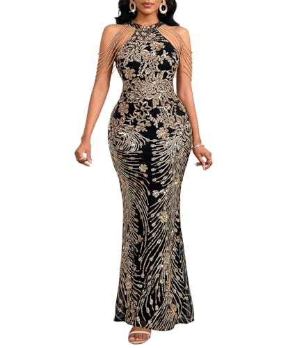 Image of Cololura Women Sexy Elegant Sequin Tassel Off Shoulder Halter Bodycon Maxi Dress Party Evening Gown Formal Dress
