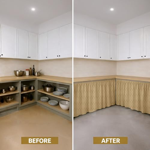 Image of LINENWALAS Under Sink Curtain for Kitchen - Pack of 2 | Herringbone Embossed Design Polyester Under-Sink Cover | Storage-Hiding Curtain with Rod Pocket | Kitchen & Bathroom (132x71 CM, Golden Beige)