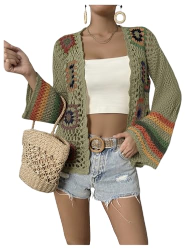 Image of SHENHE Women's Floral Crochet Cardigan Hollow Out Open Front Long Sleeve Cardigan Sweater