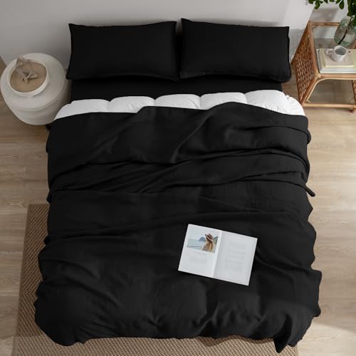 EVERLY Linen Sheets Set King Size,100% French Stonewash Pure Linen Bed Sheets,4Pieces (1Flat Sheet,1Fitted Sheet,2Pillowcase) Suitable for Hot Sleepers,Deep Pocket Natural Bedding Set-Black