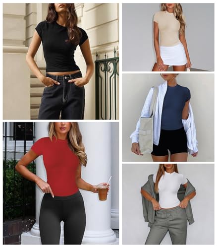 Womens Crew Neck Ribbed Skim Short Sleeve Fitted T Shirts Casual Basic Tight Tees Stretchy Tops for Women4