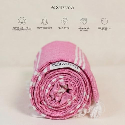 Image of Ultrasoft Bamboo Bath Towel for Travel, Gym & Beach | Quick Dry, Compact & Lightweight | Turkish Striped Satin Weave | Pink | 63x33 Inch | 210 GSM