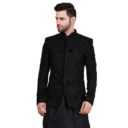 WINTAGE Embroidered Velvet Black Bandhgala