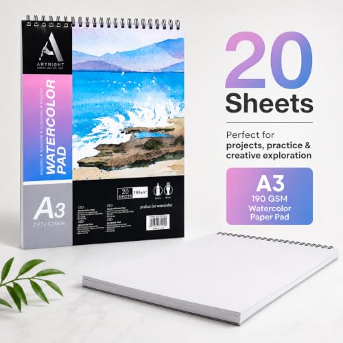 Image of ArtRight Artists' Watercolor Paper Pad A3 190 GSM - 20 Sheets of Handmade Rough Grain Water Colour Papers, Ideal for Artist, Professional Drawing, Painting Dry & Wet, Fine Art, School, Student, Watercolor