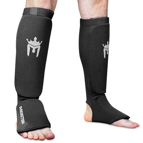 Meister MMA Padded Elastic Fabric Shin Guards and Instep Guards - Black - L/XL