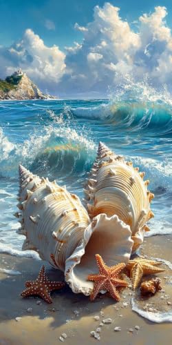 Broderie diamant vagues et conque marine grand format 50x100cm