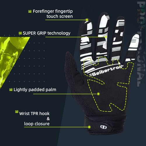 Image of Seibertron Unisex MX ATV MTB Racing Gloves - Full Finger Touchscreen Glove for Bicycle Cycling Mountain Biking Motorcycle and Motocross Black XXL