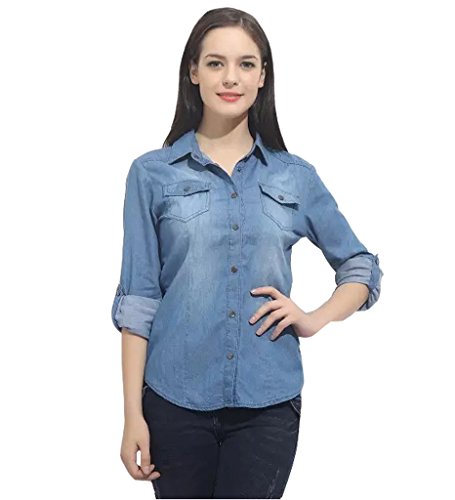 Women's Long Sleeve Double Pocket Slim-fit Jean Denim Shirt L Dark Blue